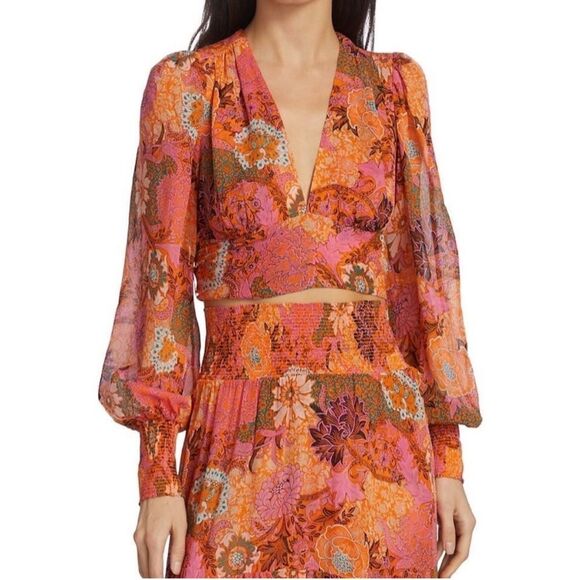 A.L.C. Samara Silk Floral Cropped Top Orange Pink Long Sleeve Blouse size 00 - Picture 1 of 13